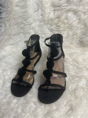 Torrid synthetic suede Black Pom-Pom Strappy Gladiator Sandals back zipper SZ11W